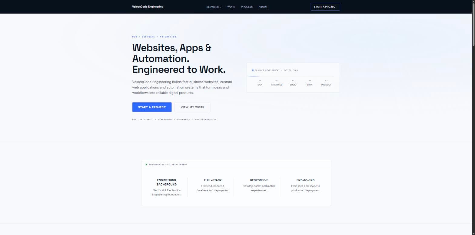 VeloceCode Engineering homepage hero section with the Websites, Apps & Automation headline