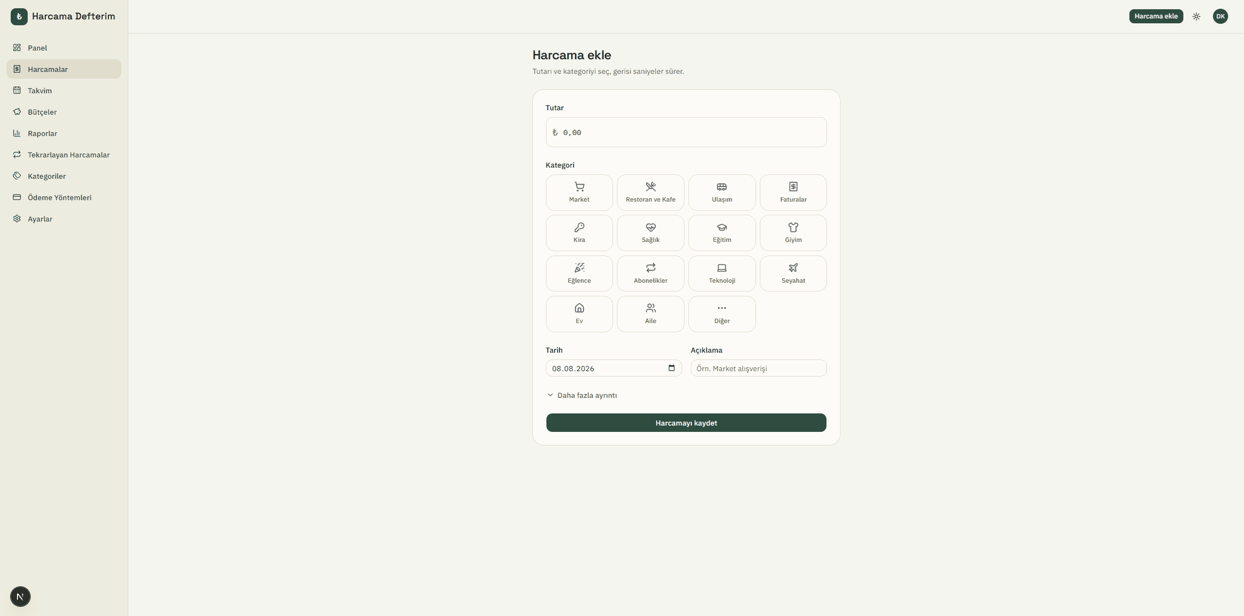 Add Expense form with a category grid, amount field and date picker