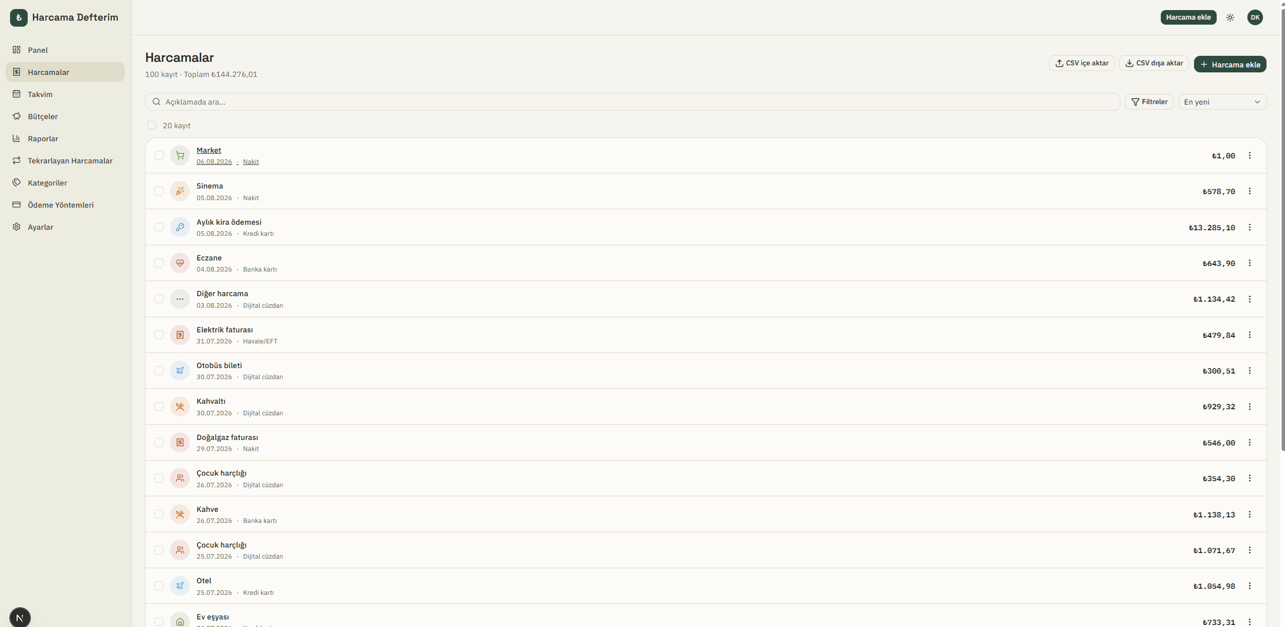 Expense list with search, filters, sorting, and CSV import/export