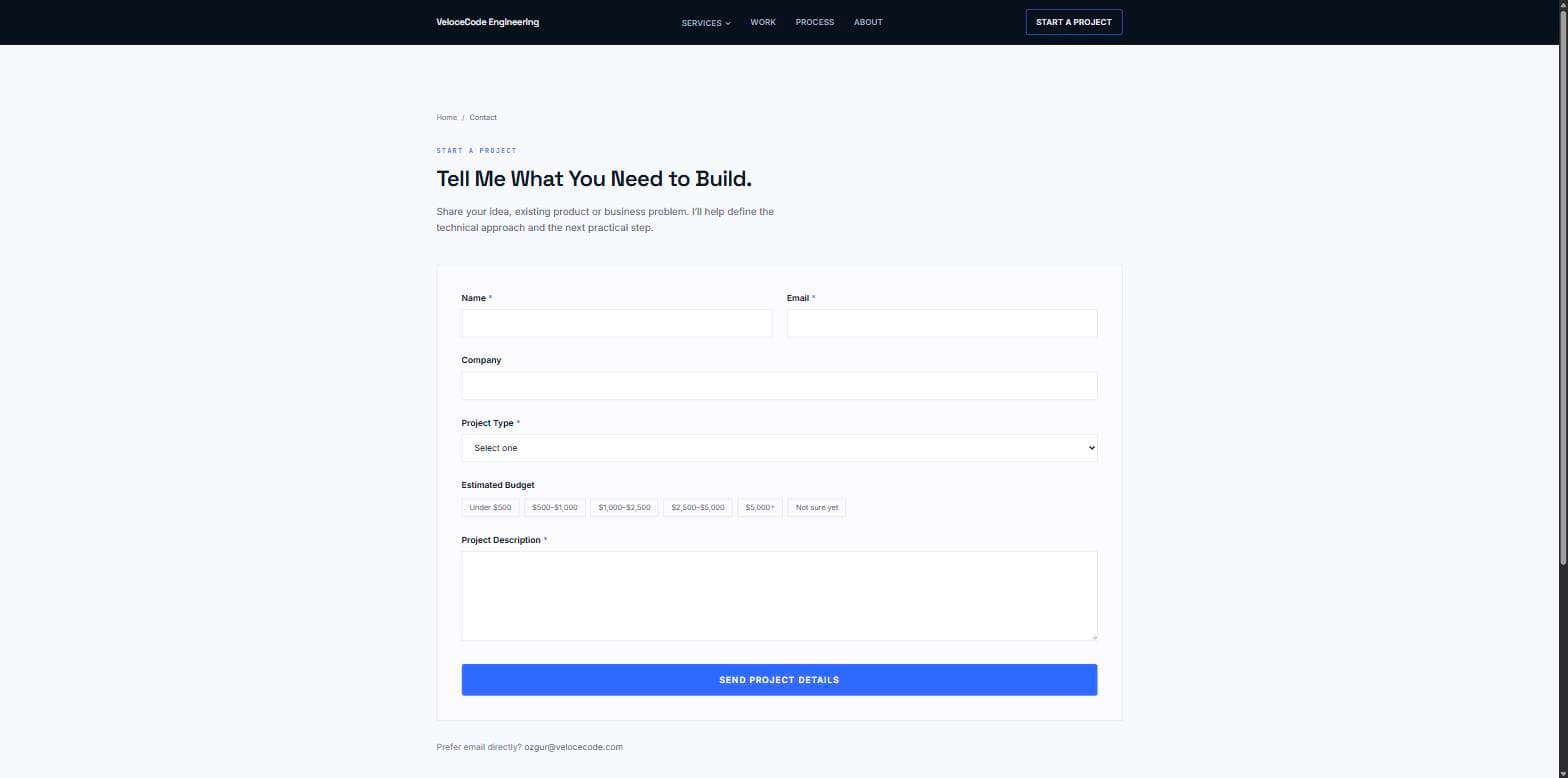 VeloceCode Engineering contact page with the structured project inquiry form