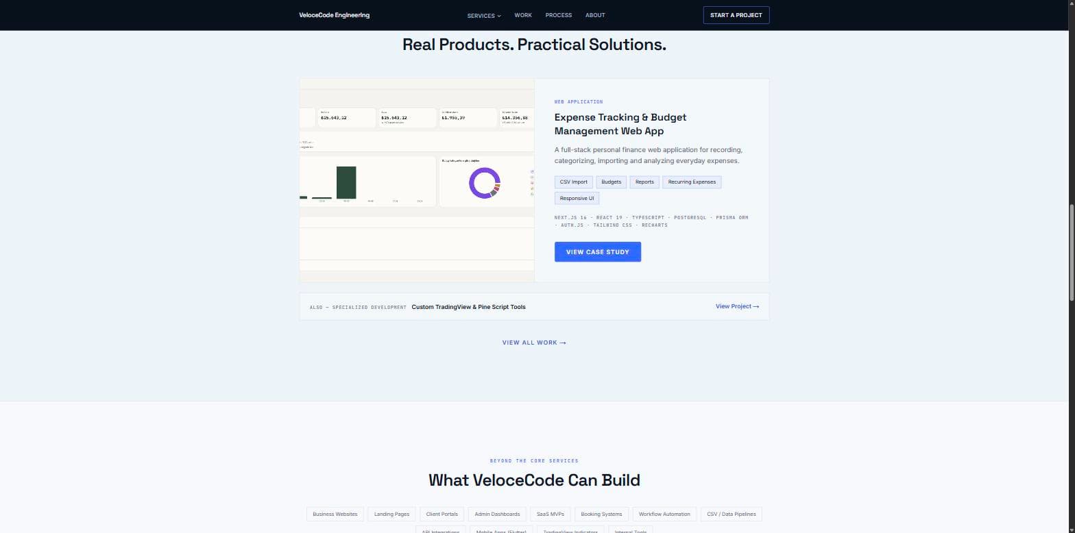 VeloceCode Engineering homepage Selected Work section featuring the Expense Tracking case study