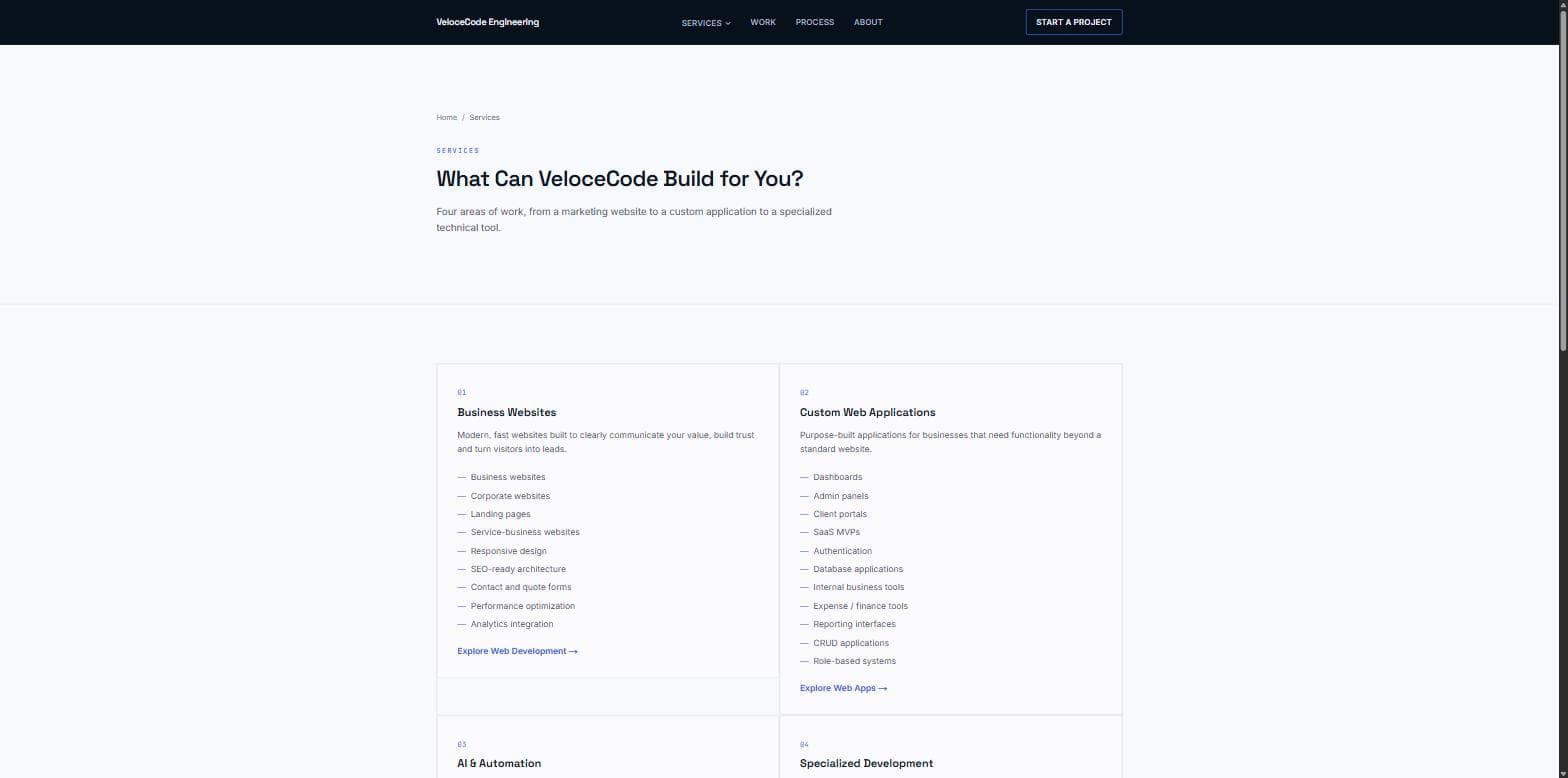 VeloceCode Engineering services page listing the four core service categories